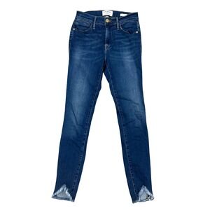 FRAME Le High Skinny Jeans Blue Dark Wash Tulip Staggered Raw Hem Size 25
